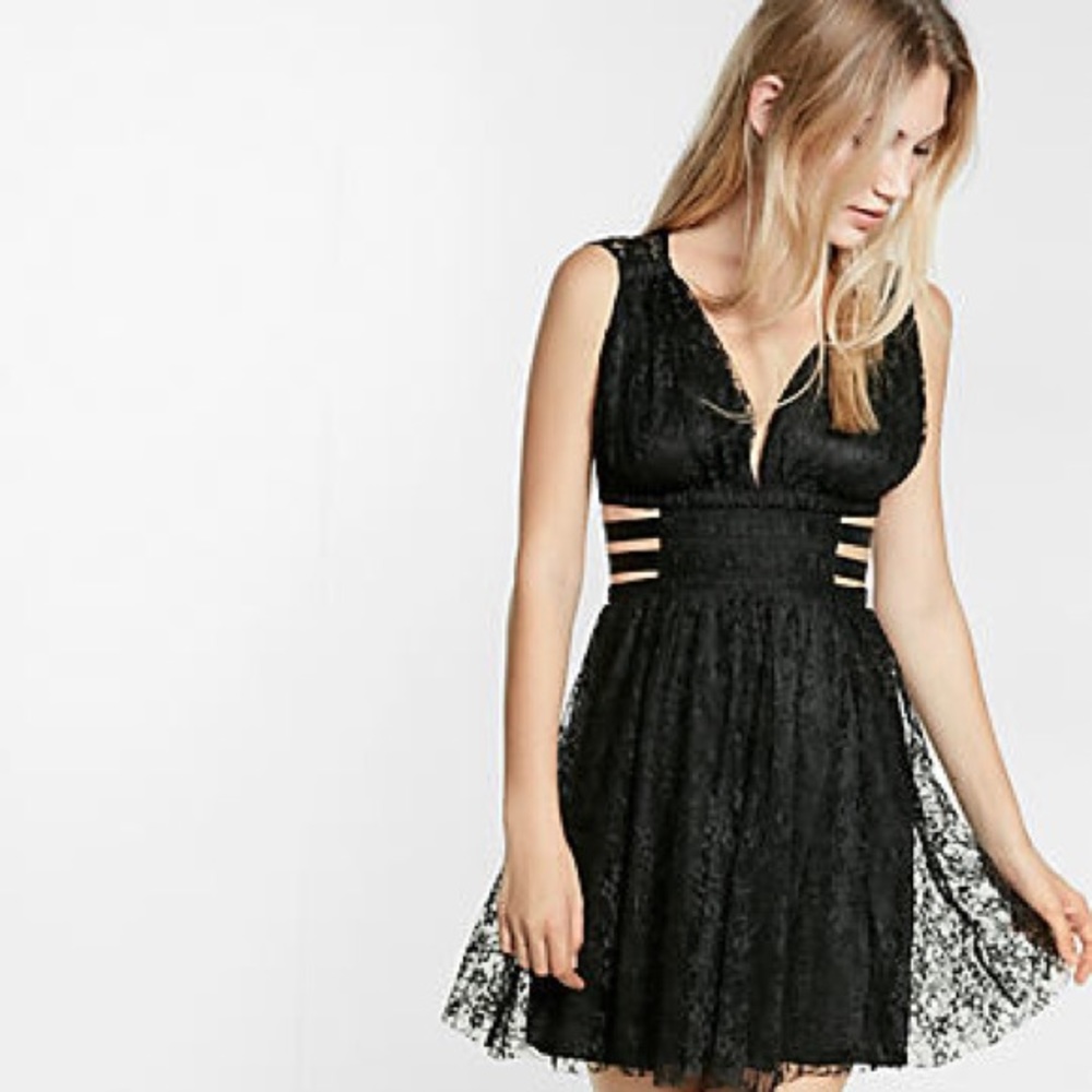 Black Strappy Cut Out Pleated Lace Mini Dress